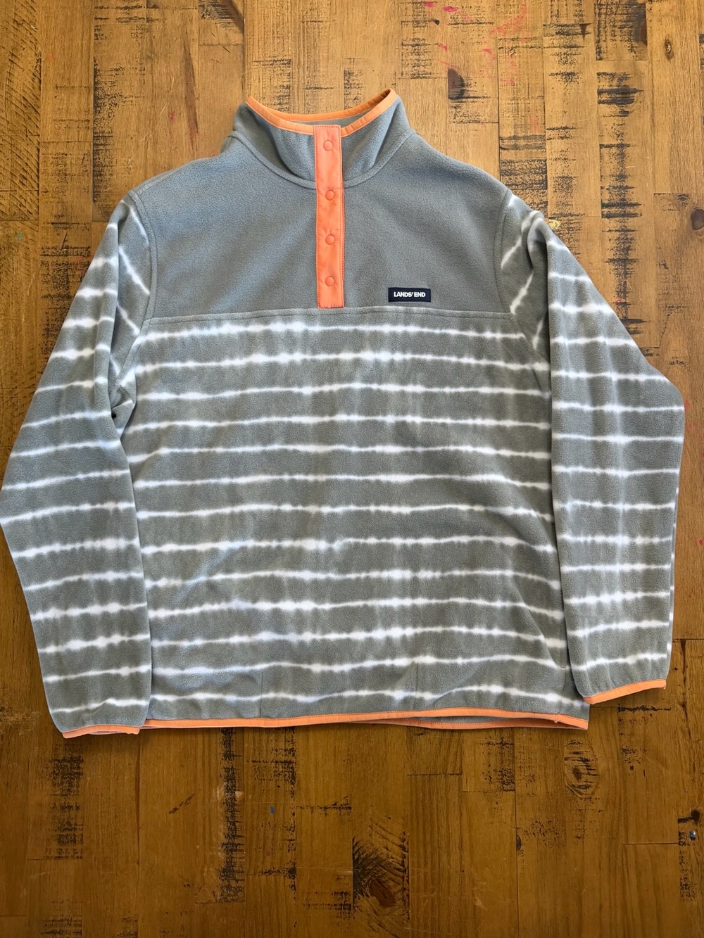Women’s Lands' End Olive Green Striped Fleece Zip Pullover with Coral Trim